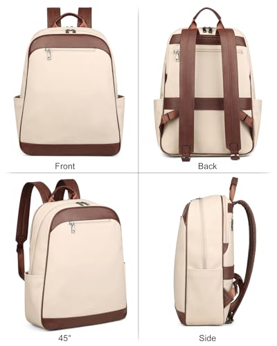 MASINTOR 15.6 inch Leather Laptop Backpack Purse for Women, Designer Travel and Work Bag with Laptop Compartment Beige Brown - color: Beige Brown