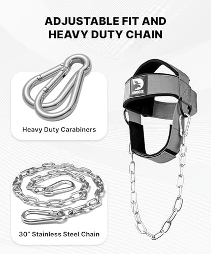 DMoose Fitness Neck Harness for Weight Lifting - Soft Padded Head & Chin Strap with 30" Heavy Duty Steel Chain - Neck Exerciser, Trainer & Strengthener to Support Injury Recovery and Intense Workouts - color: Gray