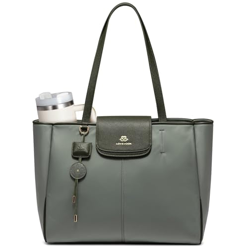 LOVEVOOK Laptop Tote Bag for Women,Nylon Work Totes with 15.6 Inch Laptop Compartments, Lightweight Fashion Purse with Large Cup Holder,Travel Tote with Luggage Straps - color: Gray Green-olive Green, size: 15.6 Inch