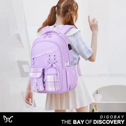 DIGOBAY Backpacks for Girls - 3PCS Girls Backpack with Lunch Box & Pencil Pouch Plaid School Backpacks for Elementary Middle High College School Bookbag for Teen Girl Kids Students Purple - color: Purpleplaid