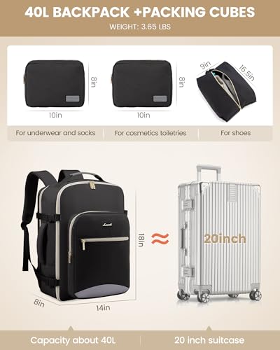 LOVEVOOK 40L Travel Backpack for Women Men,Waterproof Airline Approved Carry On Luggage Travel Essentials,TSA Carry On Backpack Personal Item Travel Bag Suitcase Weekender Traveling with Packing Cubes - color: Black-grey, size: Large-40L-4Pcs