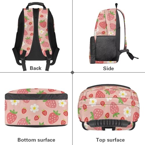 Pink Strawberry Floral Print Trendy All-Over Print Laptop Backpack for Girls & Boys - Durable Polyester School Bagpack with Two Mesh Side Pockets, Padded Shoulder Straps (17.3x12.2x5.9in) - color: Pink Strawberry Floral Print