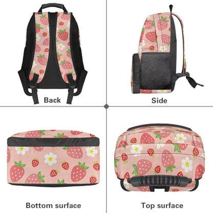 Pink Strawberry Floral Print Trendy All-Over Print Laptop Backpack for Girls & Boys - Durable Polyester School Bagpack with Two Mesh Side Pockets, Padded Shoulder Straps (17.3x12.2x5.9in) - color: Pink Strawberry Floral Print