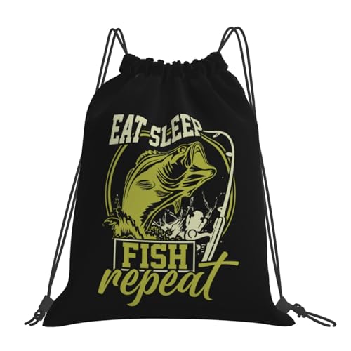 Eat Sleep Fish Repeat Unisex Drawstring Backpack Bag Sport Gym Travel Swim Sackpack - color: Eat Sleep Fish Repeat