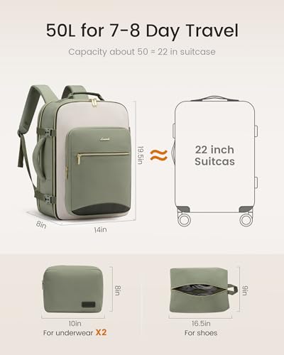 LOVEVOOK 50L Travel Backpack for Women & Men, Airline Approved Carry On Luggage with 3 Packing Cubes, TSA Overnight Bags, Waterproof Personal Item Bag, Weekender Essentials Backpacks fits 17" Laptop - color: Light Green-beige-olive Green, size: X-Large
