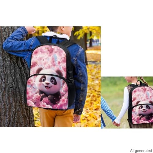 Cherry Blossom Panda Backpack for Girls Kids Backpack with Lunch Box Water Bottle Holder and Big Pencil Case 4Pcs Set 17" Bookbag with Front Pocket for School Lightweight Elementary School Bag - color: Cherry Blossom Panda