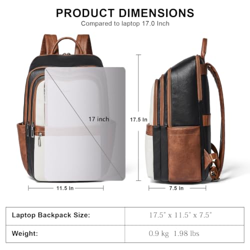 Shrrie Leather 17 inch Laptop Backpack for Women, Large Travel Backpack Purse for Casual Daypack College Work Bag - color: Black With Brown and White