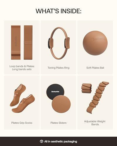 BetterMe Pilates Studio Kit – Pilates Ring, Pilates Ball, Resistance Bands & Sliders – Complete Pilates Equipment Set for Women – Home & Studio Pilates Workout Kit - color: Mocha
