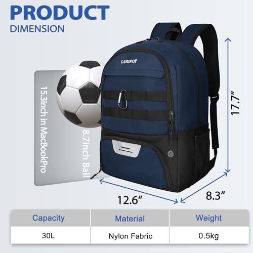 LARIPOP Soccer Backpack with Ball Holder & Shoe Compartment Large Capacity Sports Bag for Training - color: Dark Blue