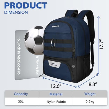 LARIPOP Soccer Backpack with Ball Holder & Shoe Compartment Large Capacity Sports Bag for Training - color: Dark Blue