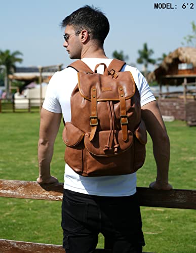 Vegan Leather 15.6 inch Laptop Backpack Hiking Camping Backpack Satchel Bookbag Travel Business Backpack CN-01 (Brown) - color: Brown