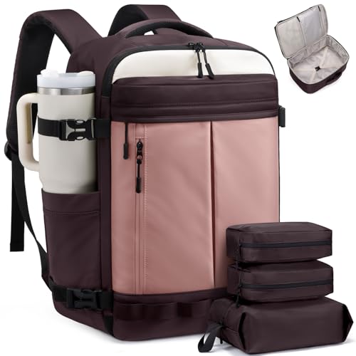 LOVEVOOK 40L Travel Backpack for Women Men, Airline Approved Carry On Luggage with 3 Cubes Accessories, TSA Personal Item Travel Cruise Essentials, Waterproof Weekender Overnight Bags fits 17" Laptop - color: Dusty Rose-coffee Brown-beige, size: 40L 4-Pie