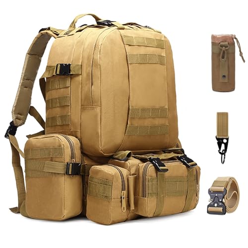 60L Tactical Backpack Military 3-Day Assault Pack, Waterproof Molle System Rucksack with Detachable Bag, Survival Bug Out Backpack for Men & Women(Brown) - color: Brown