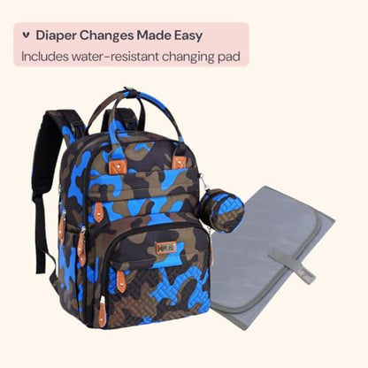 BabbleRoo Diaper Bag Backpack - Baby Essentials Travel Tote - Multi Function Water Resistant Diaper Bag, Travel Essentials Baby Bag with Changing Pad, Stroller Straps & Pacifier Case - Blue Camo - color: Camo Blue, size: Large
