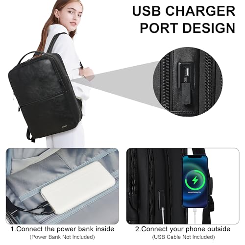 Shrrie Vegan Leather Laptop Backpack for Women&Men,16 Inch Expandable Backpack with USB Charging Port,Two-toned Black - color: Two-toned Black