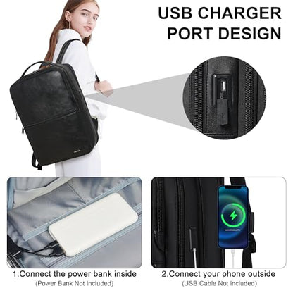 Shrrie Vegan Leather Laptop Backpack for Women&Men,16 Inch Expandable Backpack with USB Charging Port,Two-toned Black - color: Two-toned Black