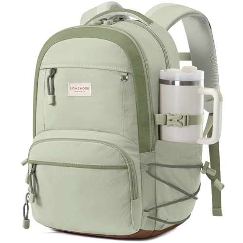 LOVEVOOK School Backpack for Girls, 17 Inch laptop Backpacks with Large Capacity Tumbler Holder, Lightweight College bag for women, Cute Travel Teen Bookbag Purse for Students,Grass Green - color: Grass Green-brown, size: 17 Inch