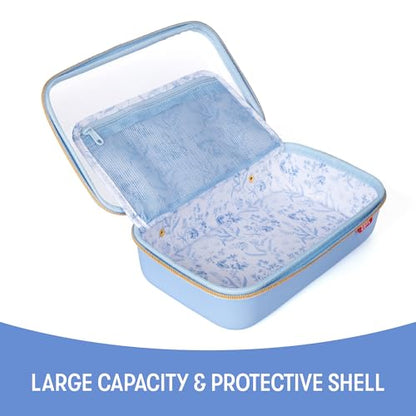 ZIPIT: Travel Makeup Bag - Blue & White Flowers - Protective Hard Shell, Large Cosmetic Case, Transparent Zipper Lid, Carry Handle, Toiletry Organizer - color: Light Blue