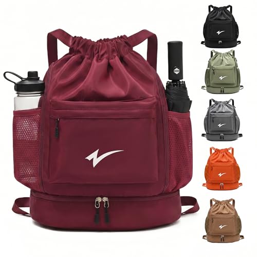 Sport Drawstring Backpack, Gym Bag with Mesh Side Pockets and Separate Shoe Compartment, Water-Resistant (Burgundy) - color: Burgundy