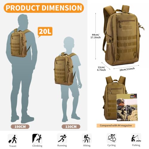 HUNTVP 20L Tactical Backpack Military MOLLE Backpack Daypack Rucksack Gear Tactical Assault Pack Bag for Hunting Camping Trekking (20L-Dark Brown) - color: Dark Brown, size: 20L