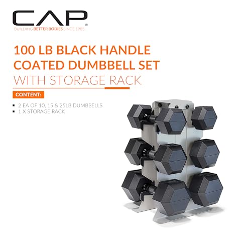 CAP Dumbbell Set with Rack, Rubber Coated Hex Free Weight Set | 100–300 lb Options, Vertical Space-Saving Storage for Home Gym Strength Training - size: 100 lb Set - Light Gray Rack, style: Black Handle