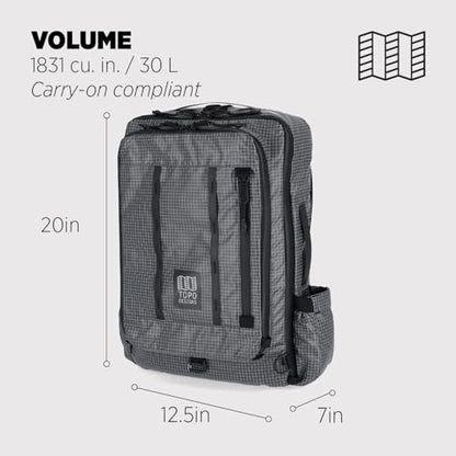 Topo Designs Global Travel Bag 30-40 Liter - Carry-on Compliant Versatile Pack, 3 Carry Options, External Laptop Sleeve (Eco-Friendly, 30L, Apex Black) - color: Apex Black, size: 30L