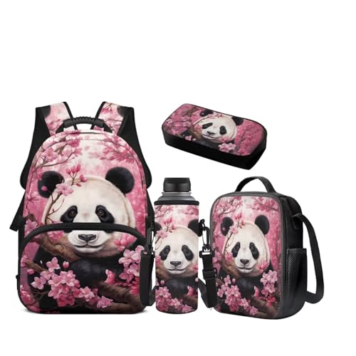 JEOCODY Girls School Bag for Kids Cute Cherry Blossom Panda Backpack and Lunch Box Set with Pencil Case and Water Bottle Holder Set of 4 School Daypack for Travel Hiking Back to School Accessories - color: Cherry Blossom Panda