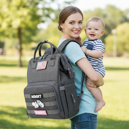 Diaper Bag Backpack for Dad and Mom with USB Charging Port Stroller Straps and Insulated Pocket,army military Travel Nappy Backpack (Dark Grey) - color: Black-grey