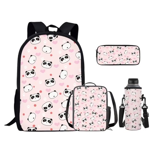 4PCS Cute Panda Backpack for Girls Love Heart School Bag Set with Lunch Box Pencil Case and Water Bottle Holder Trendy Backpack 4 in 1 Set for Travel Children Teens Rucksack - color: Cute Panda Love Heart