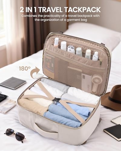LOVEVOOK 40L Travel Backpack for Women Men with Garment Bag, Airline Approved Carry on Luggage Travel Essentials with 3 Packing Cubes, TSA Overnight Bags Weekender Essentials Backpacks fits 17" Laptop - color: Beige-brown, size: 40L-4Pcs