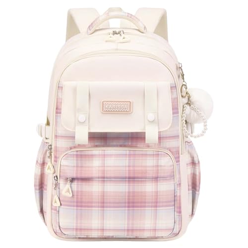 Cute College Laptop Backpack for Women Large Capacity Preppy Aesthetic Computer Bag Kawaii Pink Daypack with Pendant (Beige) - color: Beige