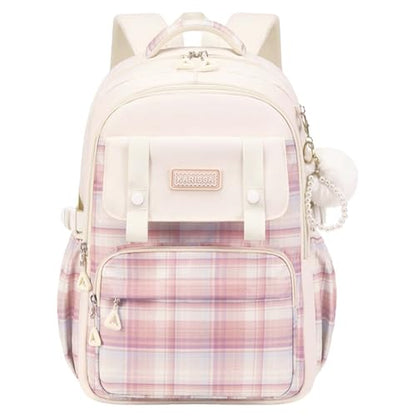Cute College Laptop Backpack for Women Large Capacity Preppy Aesthetic Computer Bag Kawaii Pink Daypack with Pendant (Beige) - color: Beige