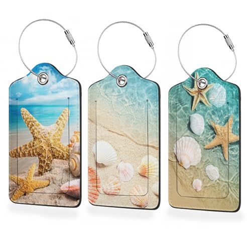 3 Pack Luggage Tags,Ocean Beach Starfish PU Leather Luggage Tags for Suitcase,Name ID Labels with Privacy Cover Suitcases and Metal Loop for Travel Bag Suitcase - color: Ocean Beach Starfish