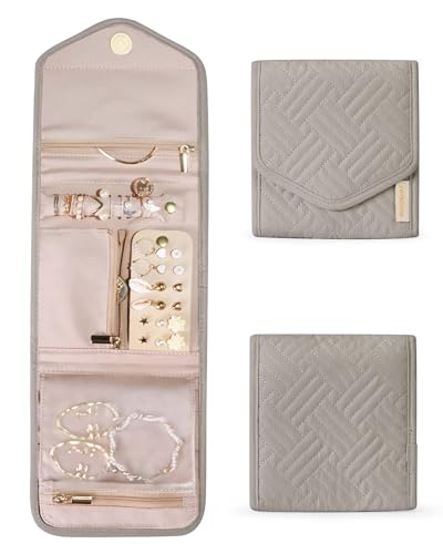 BAGSMART Travel Jewelry Organizer Case Foldable Jewelry Roll for Journey Rings, Necklaces, Earrings, Bracelets,Mini,Warm Gray - color: Warm Gray, size: Small