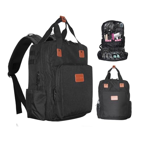 Barber Organizer Backpack for Clippers and Supplies, Water-Resistant Hairstylist Travel Bag with Adjustable Dividers, Cosmetology Bag with 3 Compartments, Fits 15-Inch Laptop