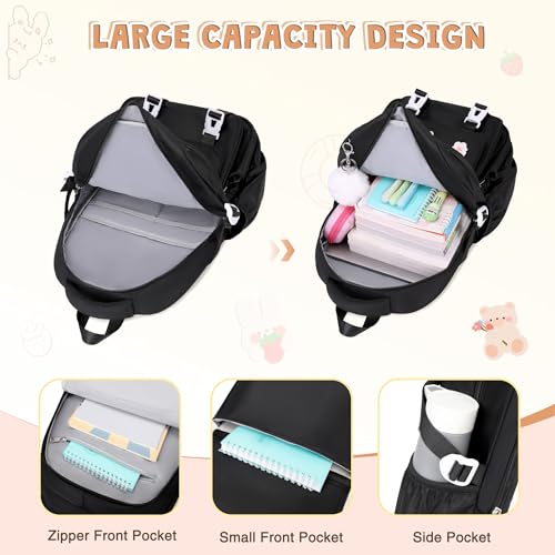 DIGOBAY 3PCS Girls Backpack for School, Kids Backpack for Girls with Lunch Box Pencil Case Set for Teen Girl Elementary Primary Middle High College School Bookbag with Cute Pins (Black) - color: Black
