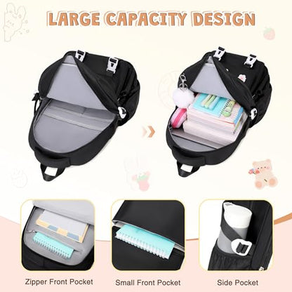 DIGOBAY 3PCS Girls Backpack for School, Kids Backpack for Girls with Lunch Box Pencil Case Set for Teen Girl Elementary Primary Middle High College School Bookbag with Cute Pins (Black) - color: Black