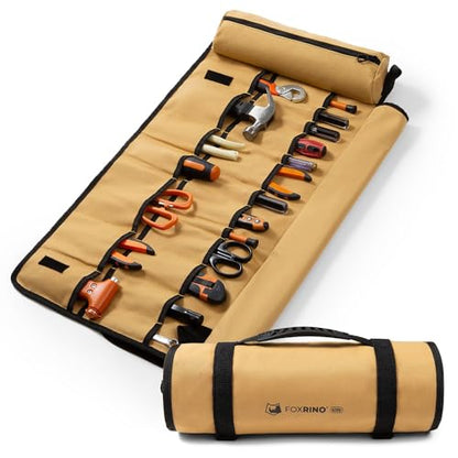 Foxrino Tool Roll, Heavy Duty Tool Roll Bag Organizer, Roll Up Tool Pouch with 20 + 1 Pocket, Gifts for Men Father Dad Mechanic, Brown - color: Brown