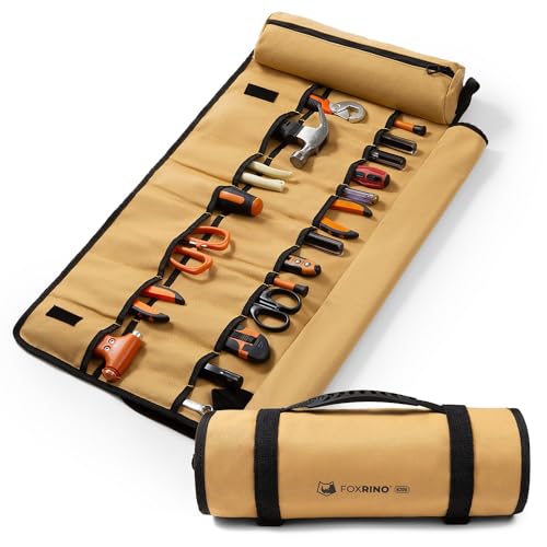 Foxrino Tool Roll, Heavy Duty Tool Roll Bag Organizer, Roll Up Tool Pouch with 20 + 1 Pocket, Gifts for Men Father Dad Mechanic, Brown - color: Brown