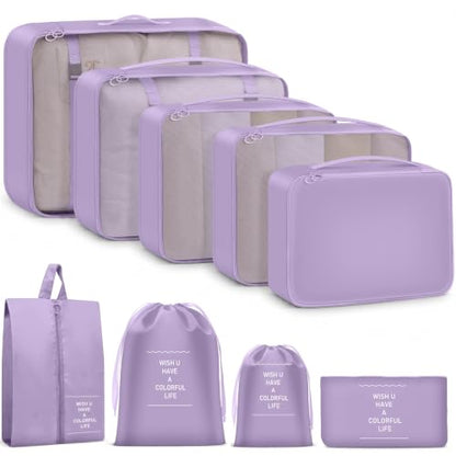 9 Set Packing Cubes for Travel Essentials - Lightweight Carry-On Luggage Organizer Bags with Shoe, Clothes & Laundry Bags for Airplane, Family & Business Travel, Light purple - color: Light purple