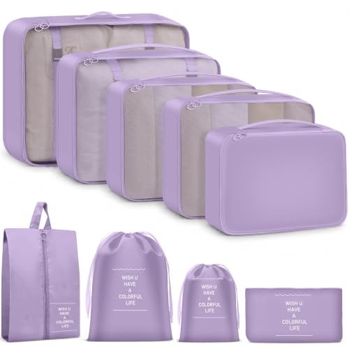 9 Set Packing Cubes for Travel Essentials - Lightweight Carry-On Luggage Organizer Bags with Shoe, Clothes & Laundry Bags for Airplane, Family & Business Travel, Light purple - color: Light purple