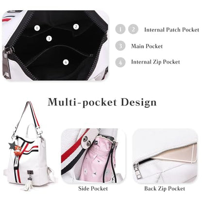 Fashion PU Leather Backpack Purse for Women Travel Backpack Bag with Tassel Ladies Shoulder Handbags Casual Daypack - color: White