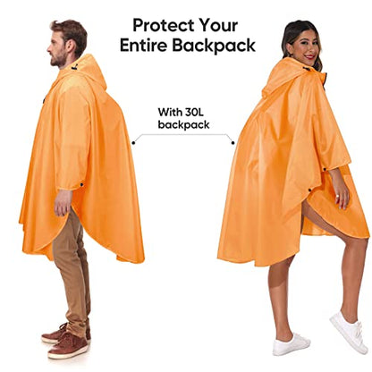 PTEROMY Hooded Rain Poncho for Adult with Pocket and Zipper, Waterproof Lightweight Raincoat for Men and Women - color: Orange