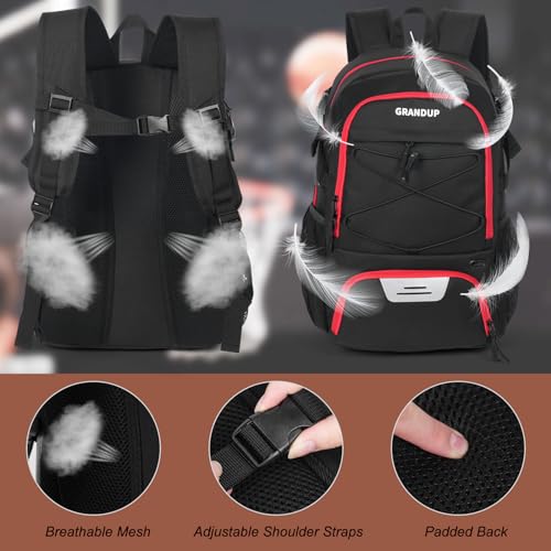 GRANDUP Basketball backpack with ball and shoes compartment Fit Volleyball, soccer, Swim, Gym, Travel, and School, large capacity sports training equipment bags - color: Black With Red Zipper
