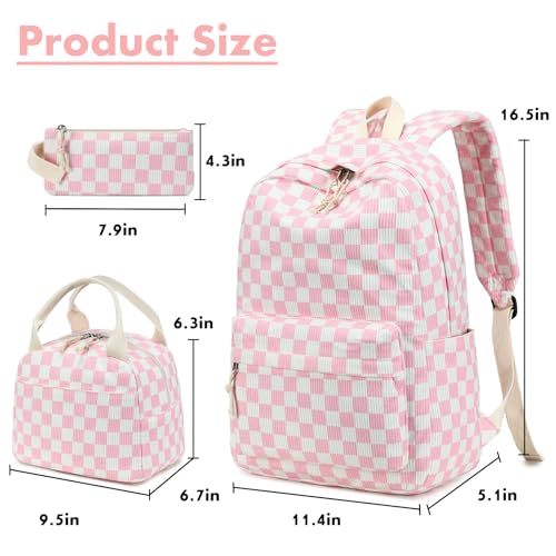 Bluboon School Backpack Set Girls Womens Laptop Bookbag Casual Daypack Fits 15 inch Laptop with Lunch Tote Bag and Pencil Bag - color: Pink Checked-3