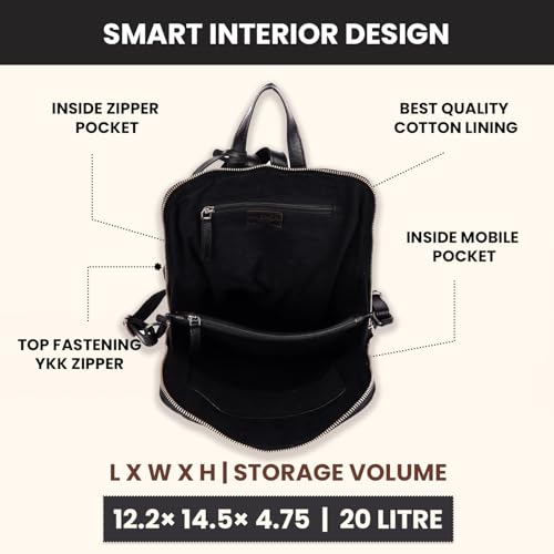 12.5 Inch Genuine Leather Backpack for Women and Men, Black Leather Backpack with Adjustable Shoulder Strap - color: Black