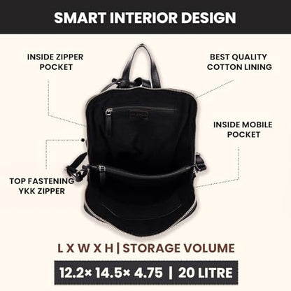 12.5 Inch Genuine Leather Backpack for Women and Men, Black Leather Backpack with Adjustable Shoulder Strap - color: Black