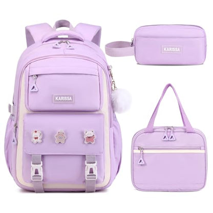 Girls Backpack, 3pcs Sets Kids Backpack for Girls with Anti-theft Back Pocket, Lightweight School Backpacks Water Resistant Lunch Bag with Pencil case for Elementary Primary School, Purple - color: Purple 3pcs