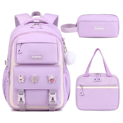 Girls Backpack, 3pcs Sets Kids Backpack for Girls with Anti-theft Back Pocket, Lightweight School Backpacks Water Resistant Lunch Bag with Pencil case for Elementary Primary School, Purple - color: Purple 3pcs