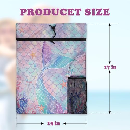 Mermaid Tail Drawstring Backpack, 15” x 17” Waterproof Swim Bag for Beach Swimming Pool, Lightweight Foldable Gym Bag with Water Bottle Holder for Sports Travel - color: Mermaid